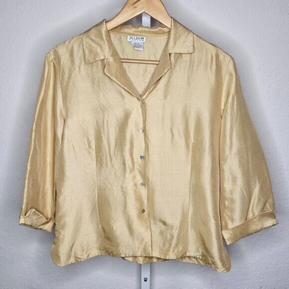 Vintage Allison Taylor 100% Silk Button Front Blouse Champagne Gold Size Large - Picture 1 of 5